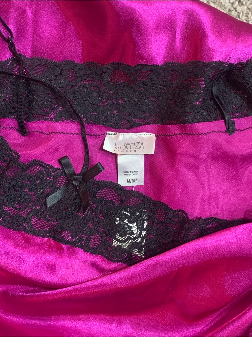 La SENZA Hot Pink Satin Chemise with Black Lace Trim